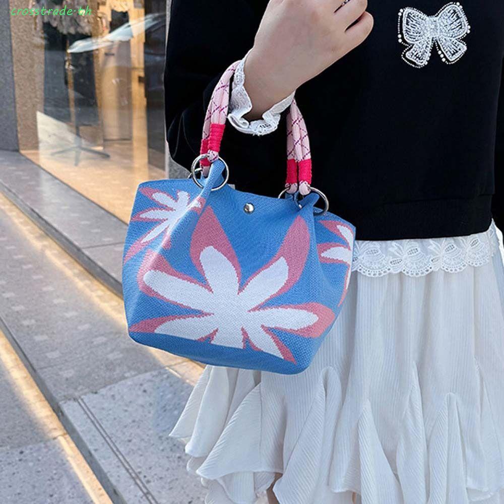 CROSSTRADE กระเป๋าถือถักผู้หญิง,ผีเสื้อหวานพิมพ์กระเป๋าใบเล็ก,แบบพกพาลายขนาดใหญ่ความจุปุ่มแม่เหล็กดอกไม้กระเป๋าทํางาน