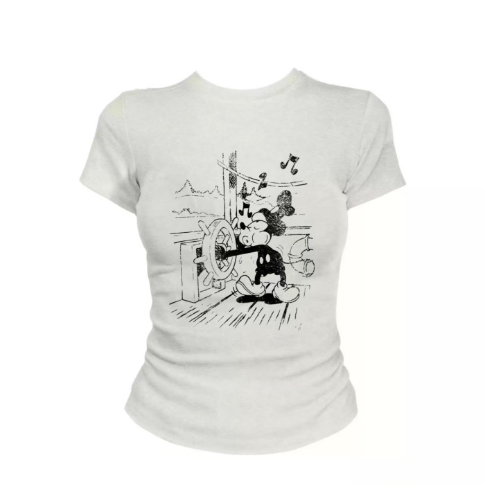 COD [40 ชิ้น + ผ้าฝ้าย 92% + 8% Spandex] รอบคอแขนสั้นพิมพ์เสื้อยืดผู้หญิง Slim-fit ฤดูร้อนสไตล์ใหม่ห