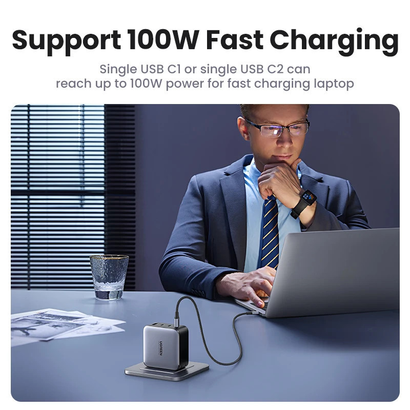 UGREEN 100W GaN Charger USB C Charger QC4.0 3.0 3C1A PD Fast Charger สําหรับ iPhone Macbook แล็ปท็อป