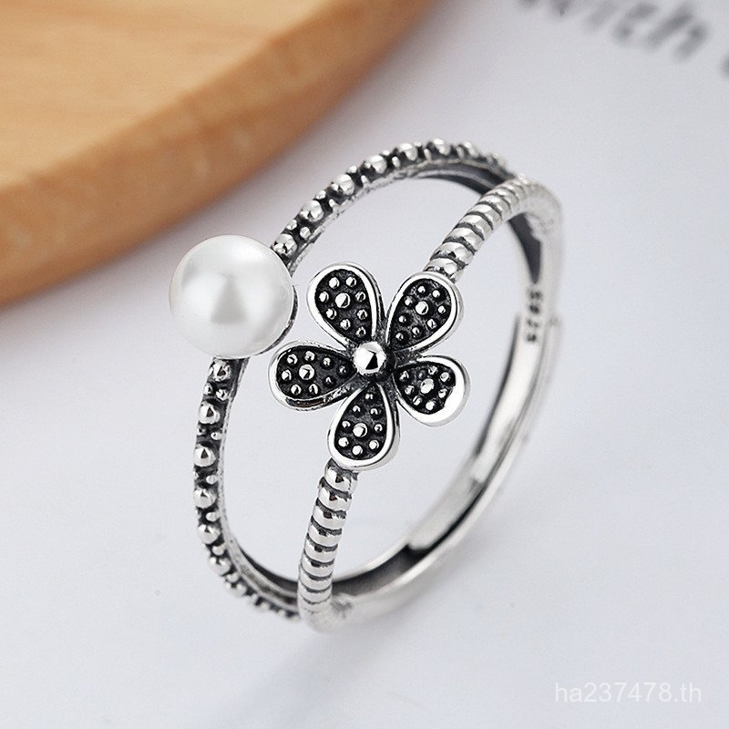 แหวนเงินสเตอร์ลิง S925 สไตล์เรโทร ดีไซน์สองชั้นประดับดอกไม้และไข่มุก I5TQ