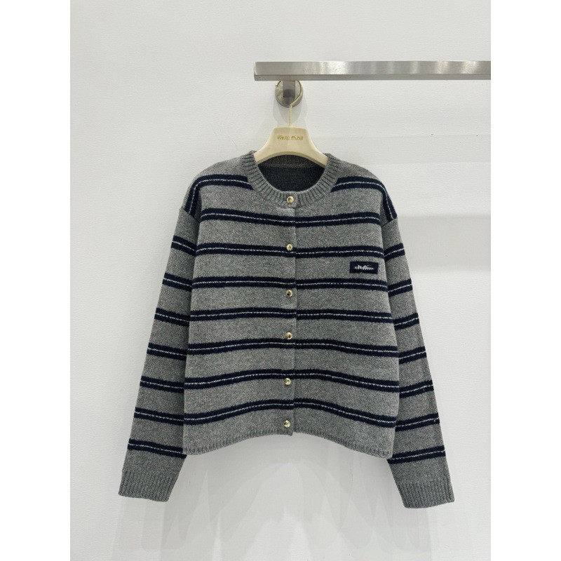 J7YI MIU*MM 2025Autumn Winter Striped Color-Block Logo Wool Cardigan Loose Fit Metal Button Knitted 