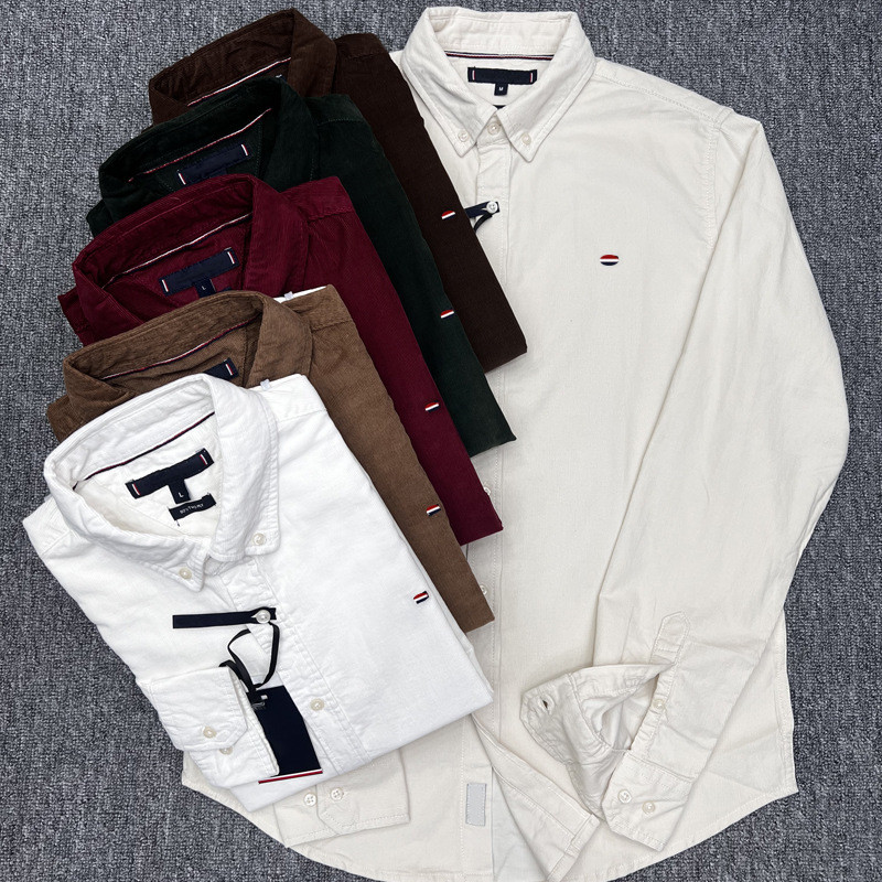 AT7M Ralp*-La***n Spring and Autumn Men's Long Sleeve Corduroy Cotton Brushed Shirt Youth Men's Busi