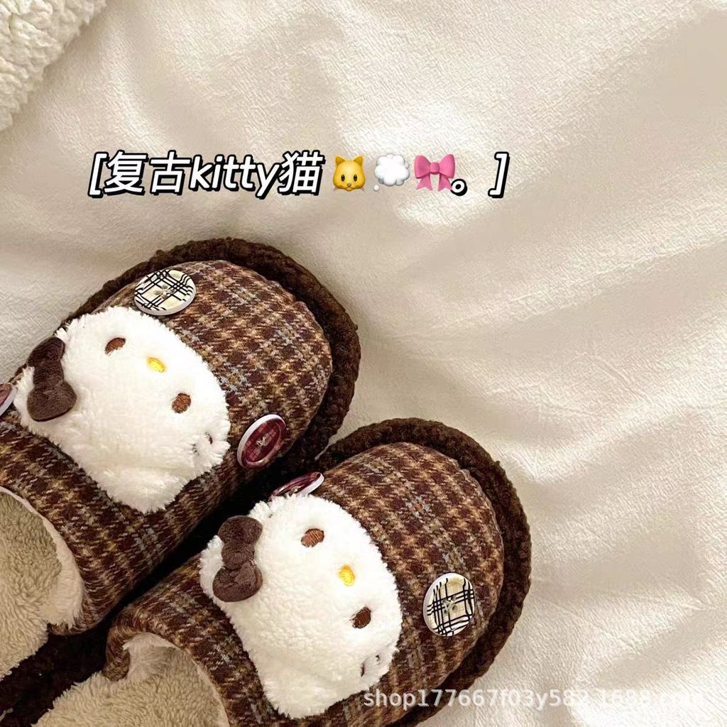 รองเท้าแตะผ้าฝ้าย Sanrio แบบอบอุ่นด้วยขนสัตว์ สำหรับใส่ภายในบ้านและฤดูหนาว - รูปที่ 2
