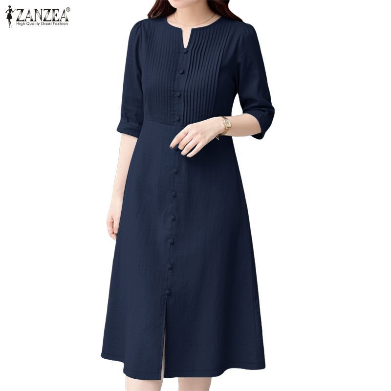 ZANZEA ผู้หญิงเกาหลี Elegant Officewear คอลูกเรือแขนสั้นจีบปุ่มตกแต่ง Midi Dresses