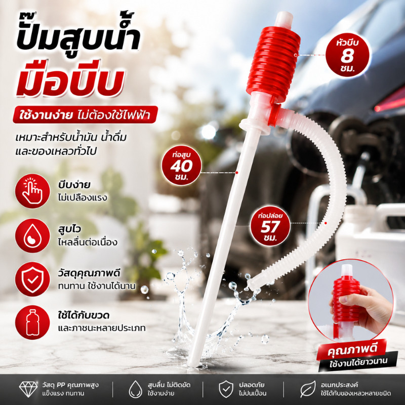 ปั๊มสูบน้ำแบบมือบีบ ขนาด 8x40x57cm แบบพกพา ปั๊มดูดน้ำมัน ดูดน้ำ ใช้กับแกลลอน ขวด ถังน้ำ อเนกประสงค์