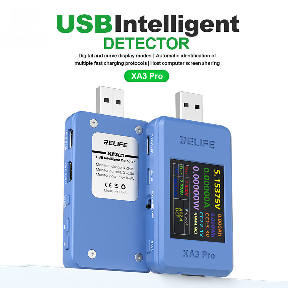 XA3 Pro เครื่องทดสอบ USB 4-24V 0-6.5A หน้าจอสี 1.77" วัด V/A/W/Ah/Wh/Ω จดจำโปรโตคอลชาร์จเร็ว PD/QC/S