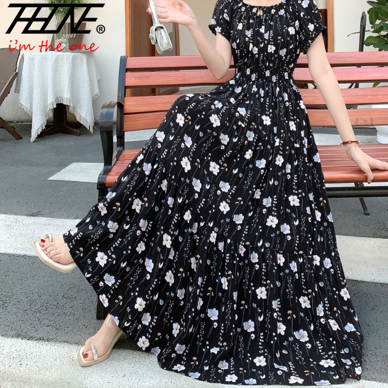 THHONE ชุดฤดูร้อนสําหรับผู้หญิงพร้อมสต็อก Maxi ยาว Boho เสื้อผ้าอินเดียโบฮีเมียนแฟชั่นเกาหลีชุดลําลองชายหาดพิมพ์ดอกไม้