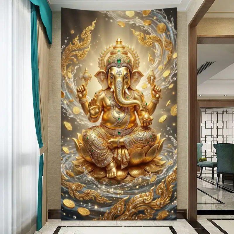 ผ้าโพลีเอสเตอร์พิมพ์ลายพระพิฆเนศ ภาพสวยงาม เหมาะสำหรับตกแต่งผนังห้องนอน