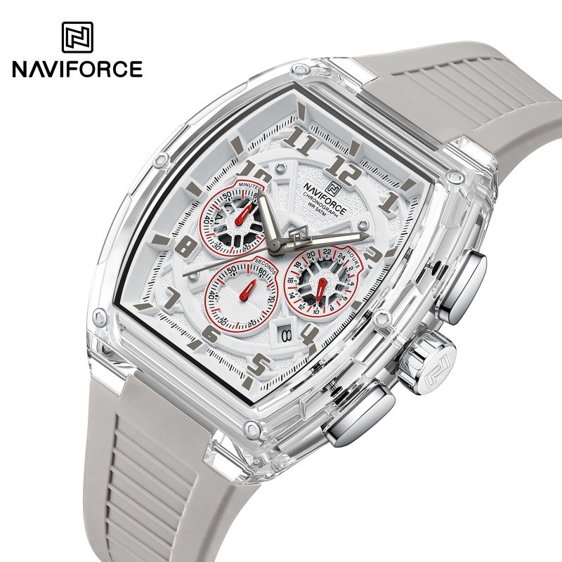NAVIFORCE NF6118 นาฬิกาควอตซ์ชาย 50M กันน้ําส่องสว่างนาฬิกาข้อมือกีฬา Barrel Dial Multi Function Casual Tech มีสไตล์