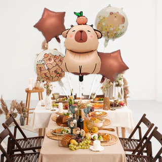 GeeParty ลูกโป่งฟอยล์คาปิบาร่าน่ารักหลายแบบ คาปิบาร่าพร้อมหมวกวันเกิดและเค้ก สำหรับตกแต่งงานวันเกิด