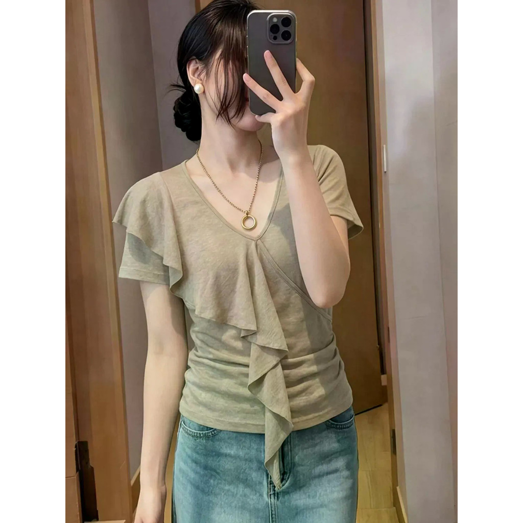 ส่งไวจากไทยBreezeS-XL    ใบบัวคอวีแขนสั้นเสื้อยืดผู้หญิงเกาหลีฤดูร้อนผิดปกติบวกขนาดเกาหลีหลวมสั้นสุภาพสตรีเสื้อยืดด้านบน