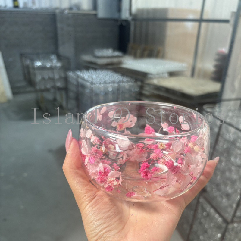 [Island Story] ชามแก้วดอกไม้แห้ง Gypsophila สองชั้น | ชามขนมป้องกันการกระเด็นฉนวนกันความร้อนสองชั้น 