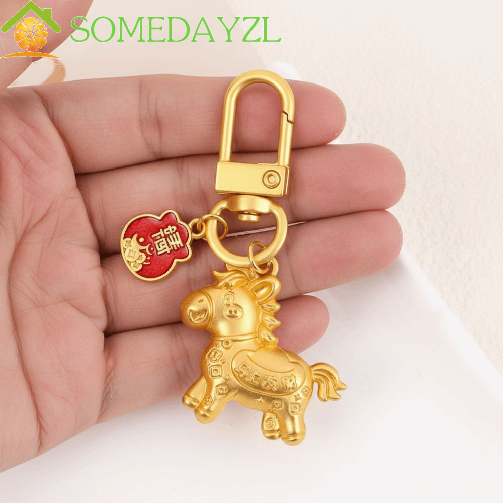 SOMEDAYZL แหวนกุญแจม้า, พวงกุญแจทองโพนี่โลหะผสมปีใหม่, กระเป๋าทองน่ารัก Charm สไตล์จีน Zodiac Pony จี้กระเป๋าตกแต่งบ้าน