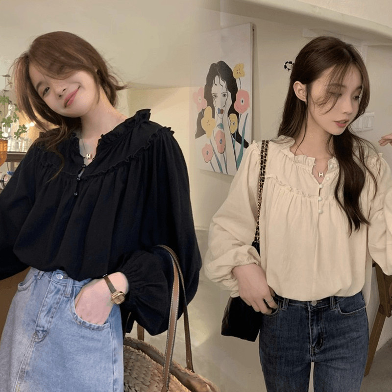 เสื้อเชิ้ตแขนยาวทรงหลวมสำหรับผู้หญิง แขนพองระบาย ความยาวสั้น คอวี เหมาะสำหรับใส่ในฤดูใบไม้ผลิและฤดูใบไม้ร่วง#w690