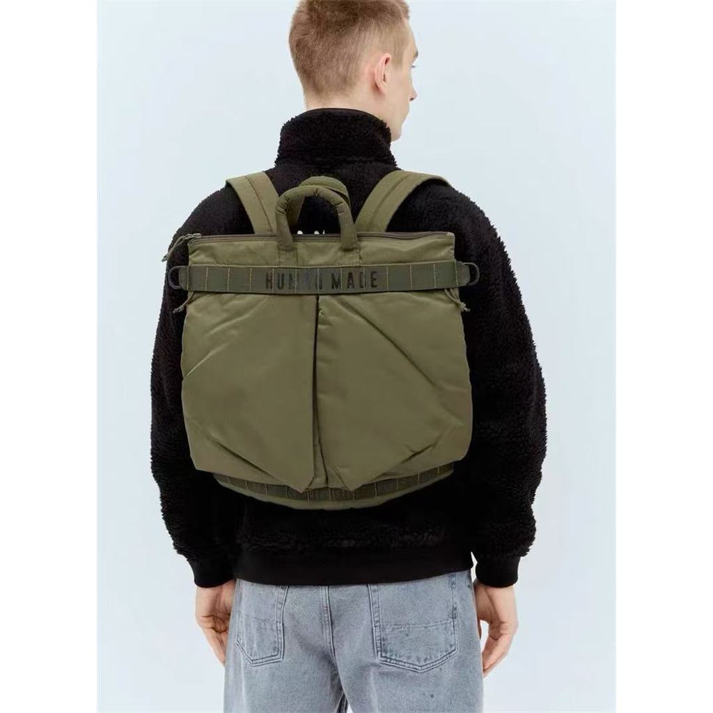 HUMAN MADE 25SS กระเป๋าเป้สะพายหลังไนลอน, กระเป๋าสะพายและกระเป๋าสะพายข้างหลายช่อง, กระเป๋าเป้สะพายหล