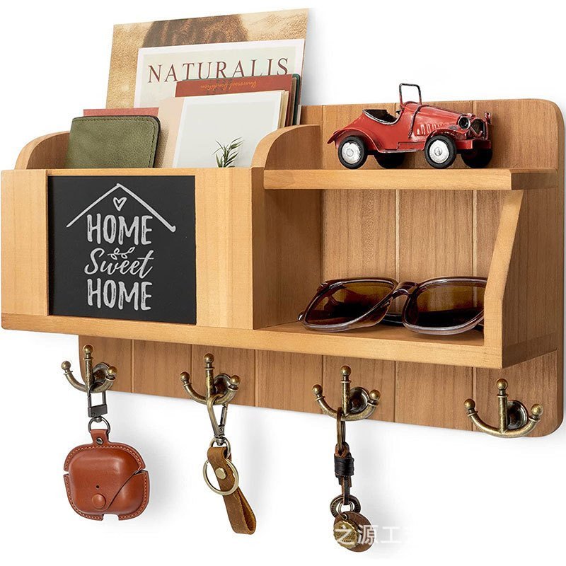 การจําแนกประเภททางเข้าตะขอติดผนังไม้ Mail Storage Rack 4 Key พร้อม Organizer Rack ตะขอไม้ Q0WC