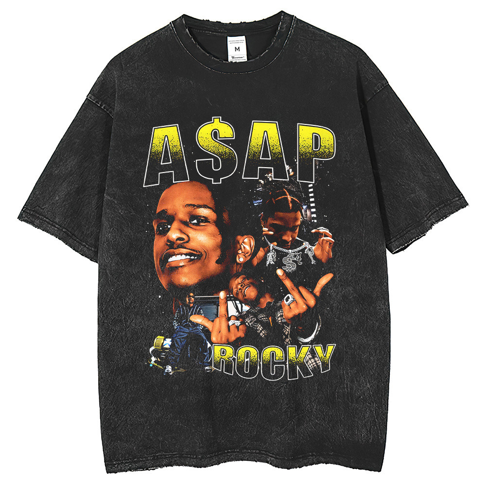 2026 แฟชั่น 2026 Cross-Border High Street Hip-Hop ASAP Rap พิมพ์ครึ่งแขนสบายๆรอบคอ Distressed สั้นเส