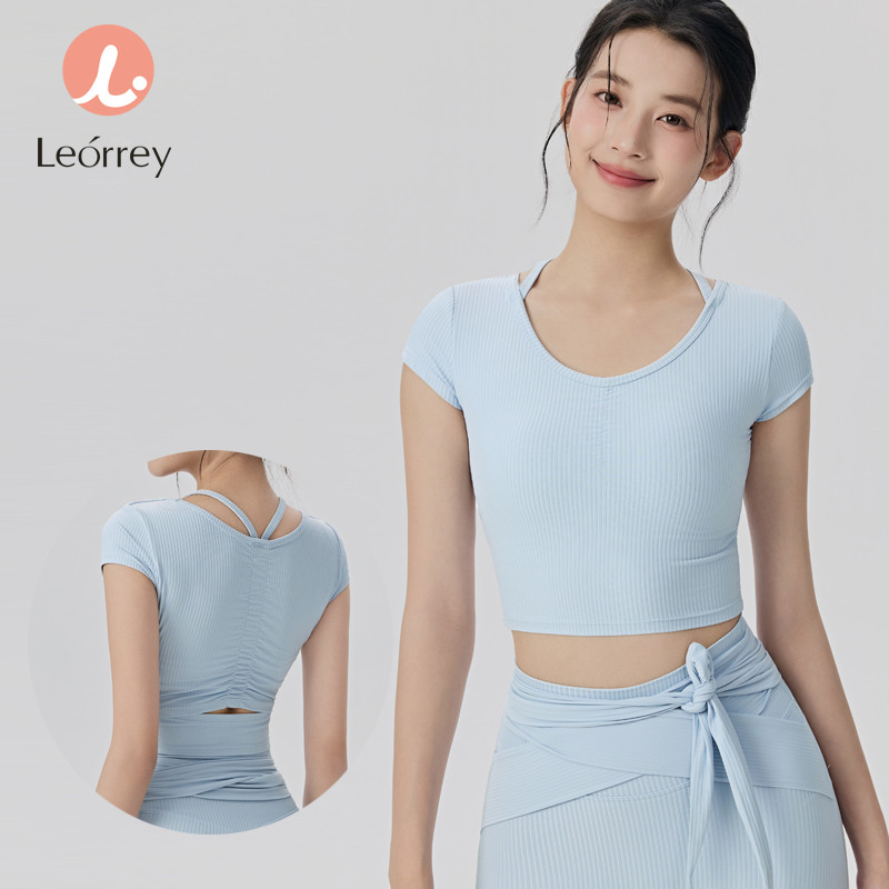 Leorrey-เสื้อยืดแขนสั้นทรงเข้ารูป พร้อมบราเสริมฟองน้ำในตัว สำหรับออกกำลังกาย โยคะ หรือเข้ายิม