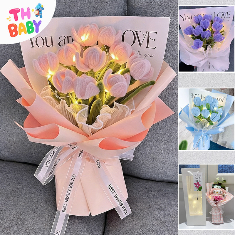 TH BABY ช่อดอกไม้ประดิษฐ์ DIY ลวดกำมะหยี่ ดอกทิวลิป ของขวัญวันแม่ วันวาเลนไทน์ วันเกิด แสดงความยินดี ดัดง่าย สีพาสเทล