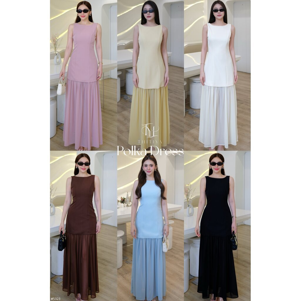 #5323 Polka Dress เดรสยาวสองเลเยเยอร์สไตล์ผู้ดี แบบทำถึง เนื้อผ้าพรีเมี่ยมทั้งชุด thitiya