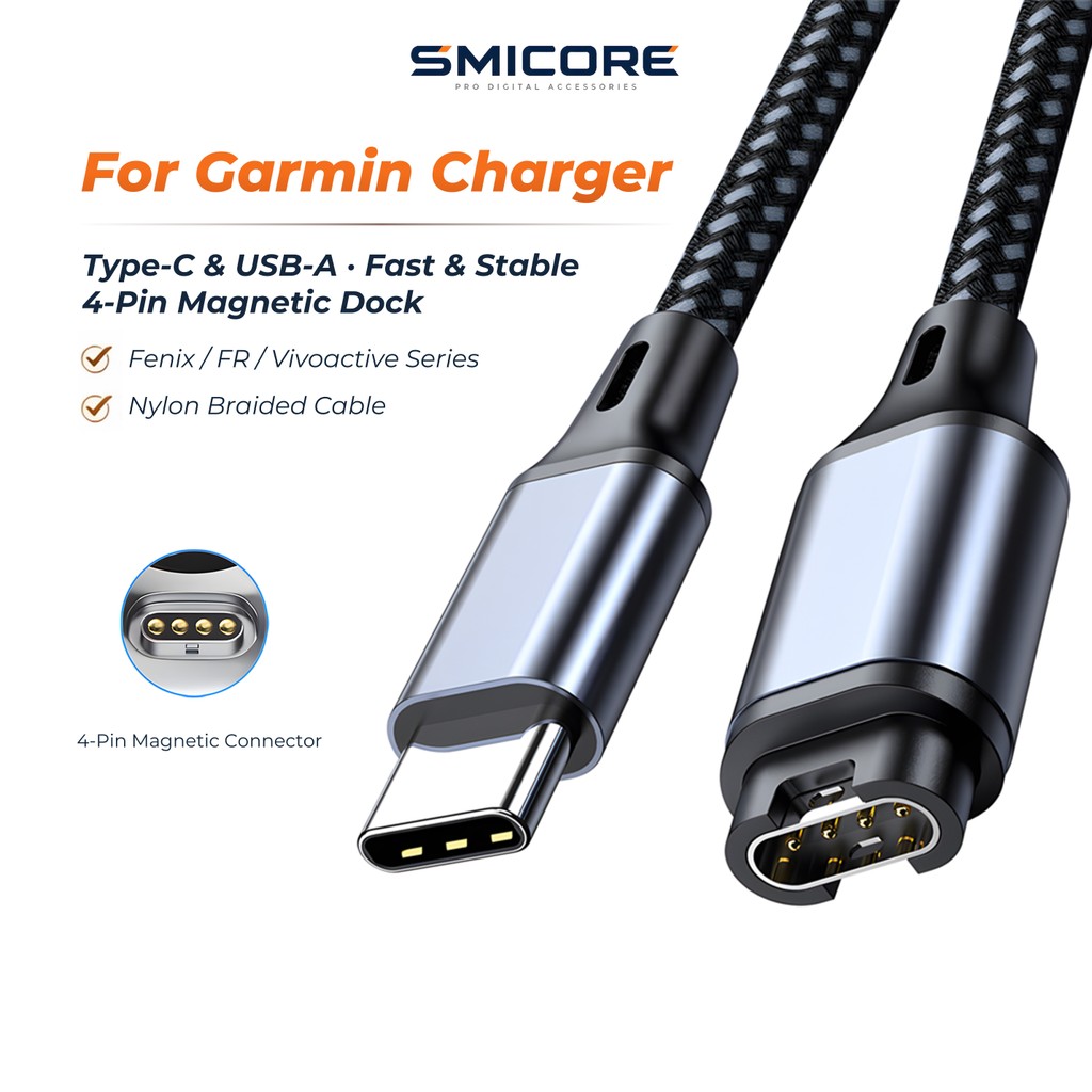 สายชาร์จ Type-C สำหรับ Garmin 4-Pin ชาร์จเสถียร ปลอดภัย สายชาร์จนาฬิกา รองรับ Forerunner 245/265/955/965, Fenix 7/6, Instinct, Vivoactive 3