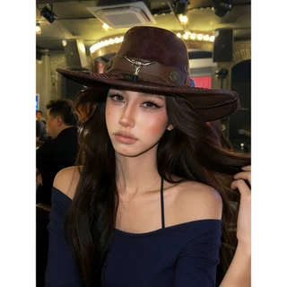 หมวกคาวบอยตะวันตกหัวกระทิงเข็มขัดหมุดออกแบบย้อนยุคแจ๊สผู้ชายผู้หญิงปีกใหญ่อาทิตย์ท่องเที่ยวกลางแจ้ง