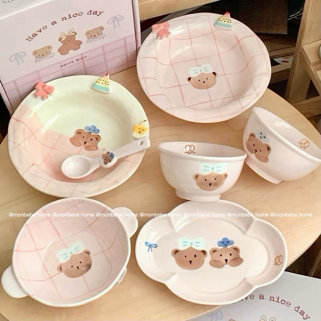 จานขนม  เซรามิค insลายหมี🐻สีชมพูน่ารัก พร้อมส่ง