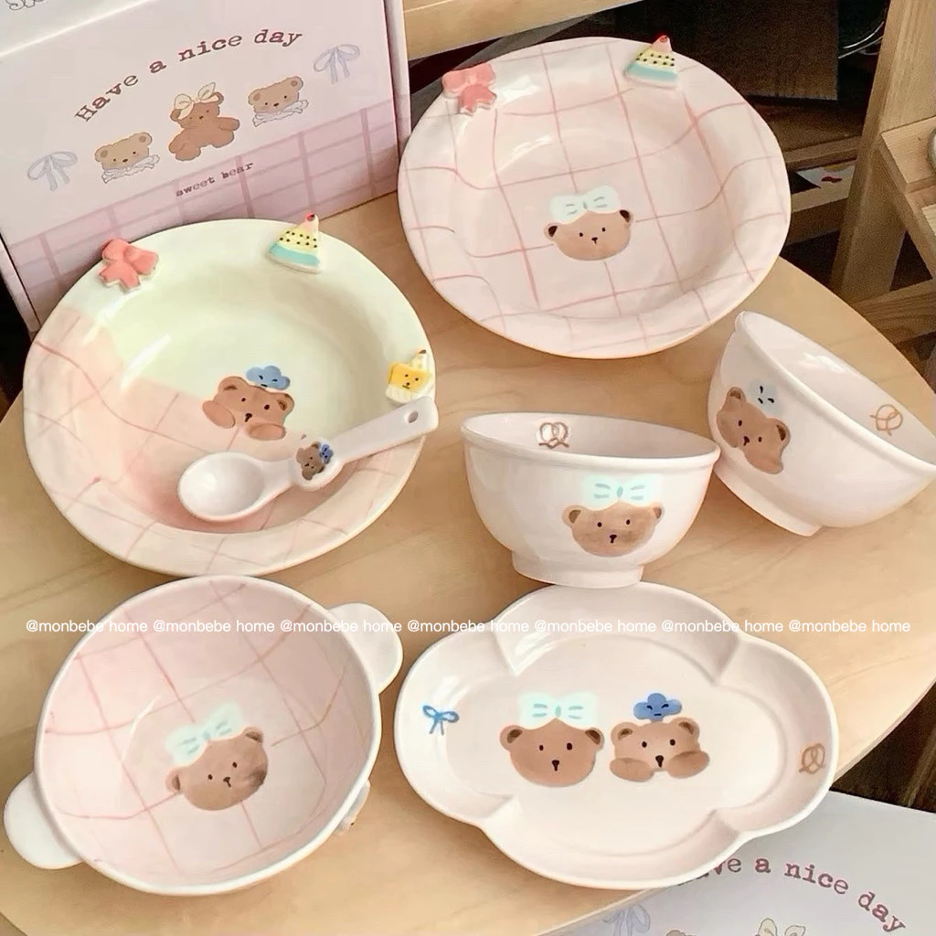 จานขนม เซรามิค insลายหมี🐻สีชมพูน่ารัก พร้อมส่ง