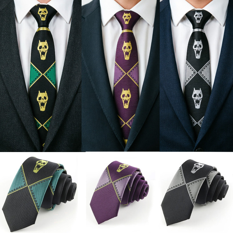 กว้าง 5 ซม. เวอร์ชั่นญี่ปุ่น JOJO Bizarre Adventure Kira Yoshikage Skull Tie | สีดําสีเทาสีม่วงบุคลิ