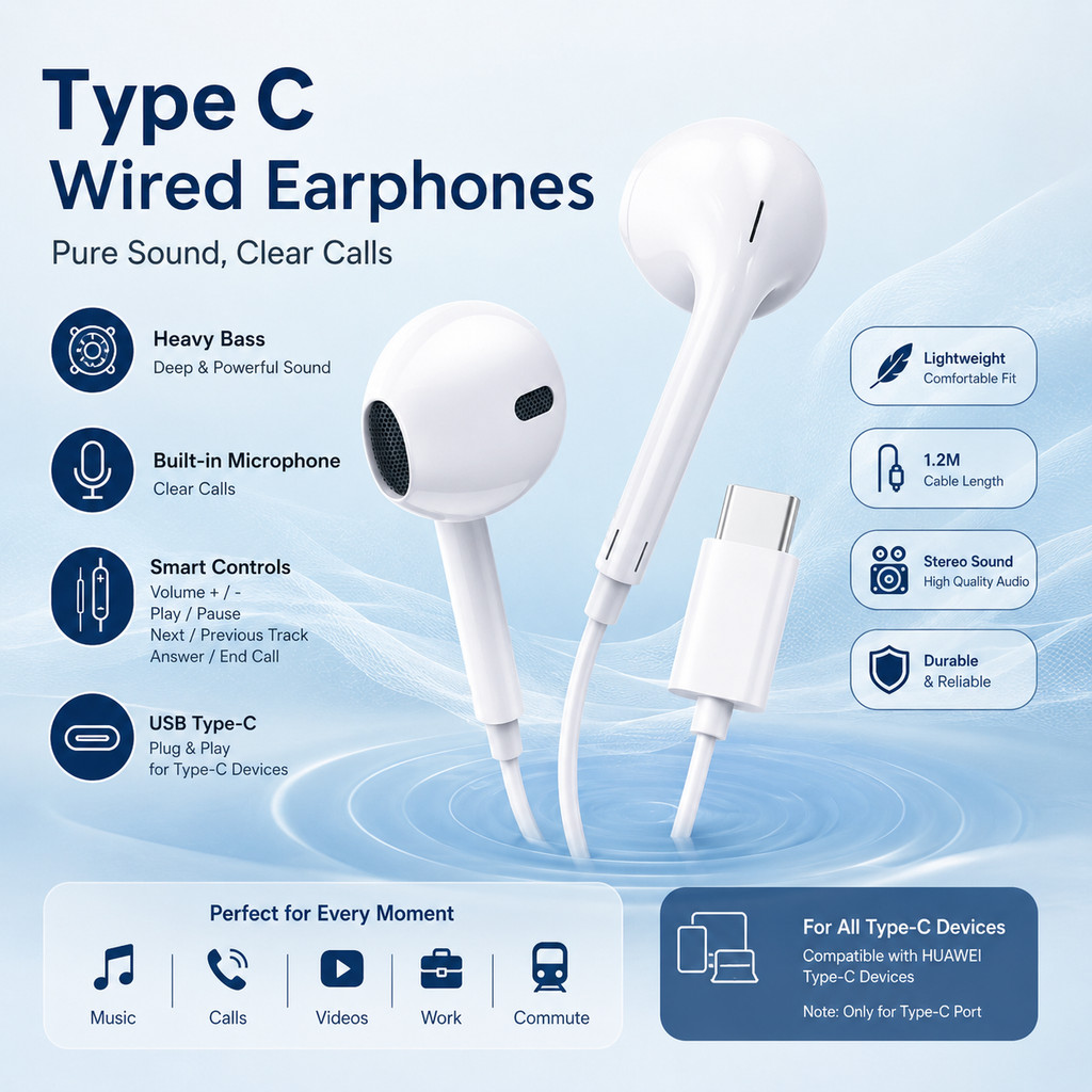 หูฟังอินเอียร์ Type C แบบมีสาย พร้อมไมค์ สาย 1.2 ม. เบสหนัก ควบคุมเพลง รับสาย วางสายได้ ใส่สบาย ใช้กับพอร์ต Type C