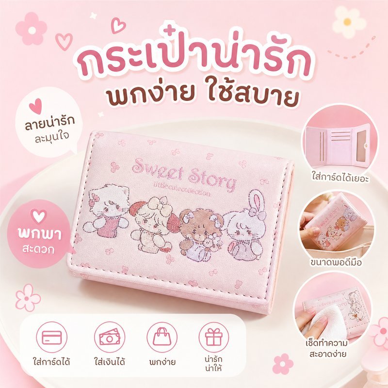 กระเป๋าสตางค์การ์ตูน กระเป๋าตังค์ผู้หญิง กระเป๋าสตางค์3พับ หนังPU กันน้ำ ใส่บัตร ลายหมี กระต่าย