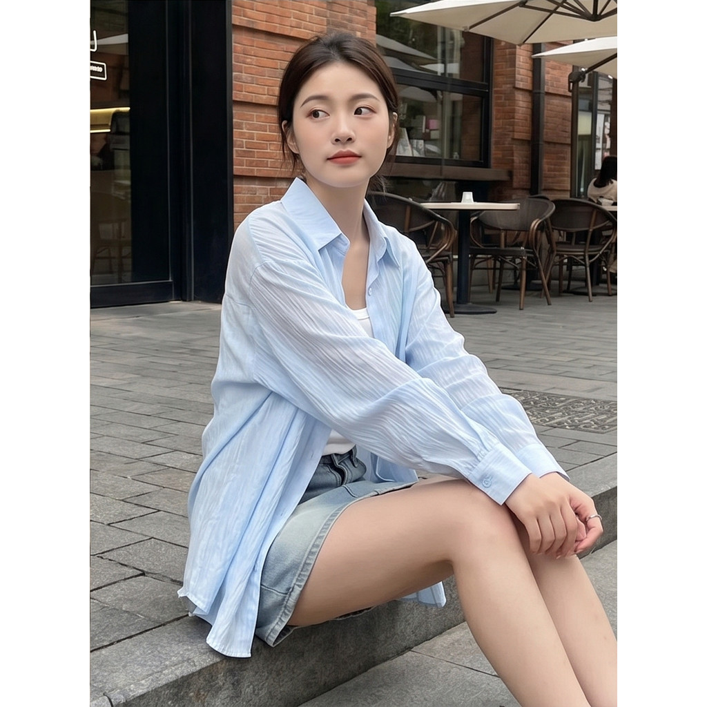 CTB102 เสื้อเชิ้ตคอปกแขนยาว แต่งโบว์ด้านหลังเพิ่มความหวาน ใส่คลุมชุดว่ายน้ำหรือใส่กับกางเกงขาสั้น เห