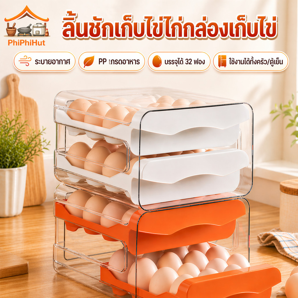 PPH ลิ้นชักเก็บไข่ไก่ กล่องเก็บไข่ เก็บได้ในครัวหรือตู้เย็น บรรจุได้32ฟอง