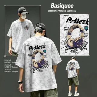 Basi💥เสื้อผู้ชาย เสื้อยืด oversize เสื้อฟอก วินเทจ สตรีท เกรดพรีเมียม เสื้อคอตตอน ไม่หดตัว ใส่สบาย ลาย "HEADPHONES"