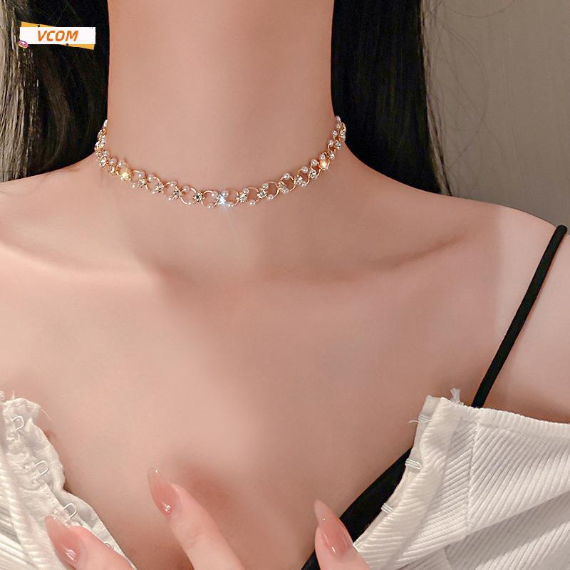 VCOM สร้อยคอโชคเกอร์ไข่มุกพลอยเทียมแฟชั่นเกาหลีสำหรับผู้หญิงของขวัญประณีต DDC