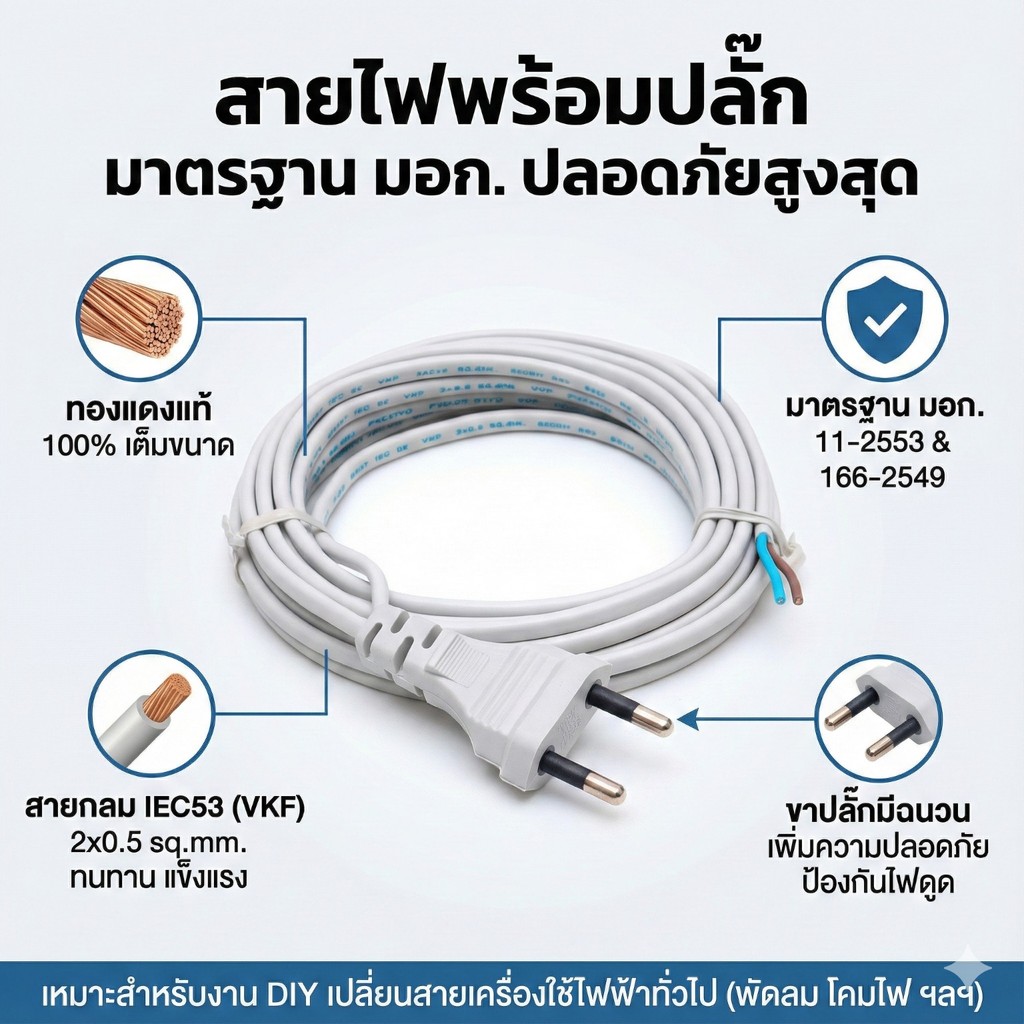 สายไฟพร้อมปลั๊ก สาย AC หัวขากลม VKF 2x0.5 ทองแดงแท้ มี มอก. สำหรับ เปลี่ยนสายพัดลม โคมไฟ งาน DIY