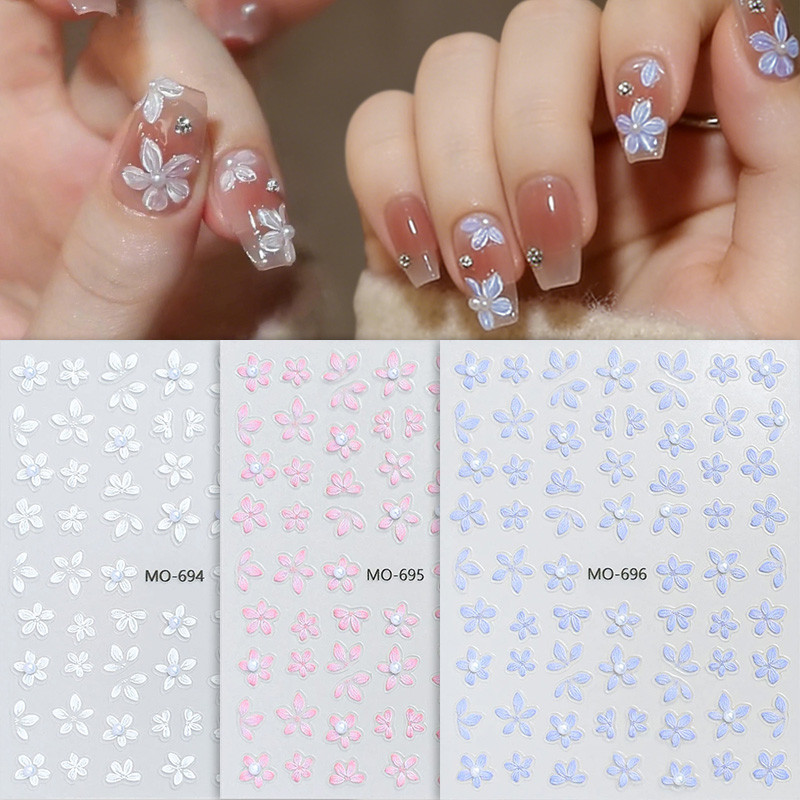 5D ดอกไม้มุกสติกเกอร์เล็บสีชมพูสีขาว Elegant ประณีตตกแต่งเล็บ Decals DIY Self กาว Transfer Slider
