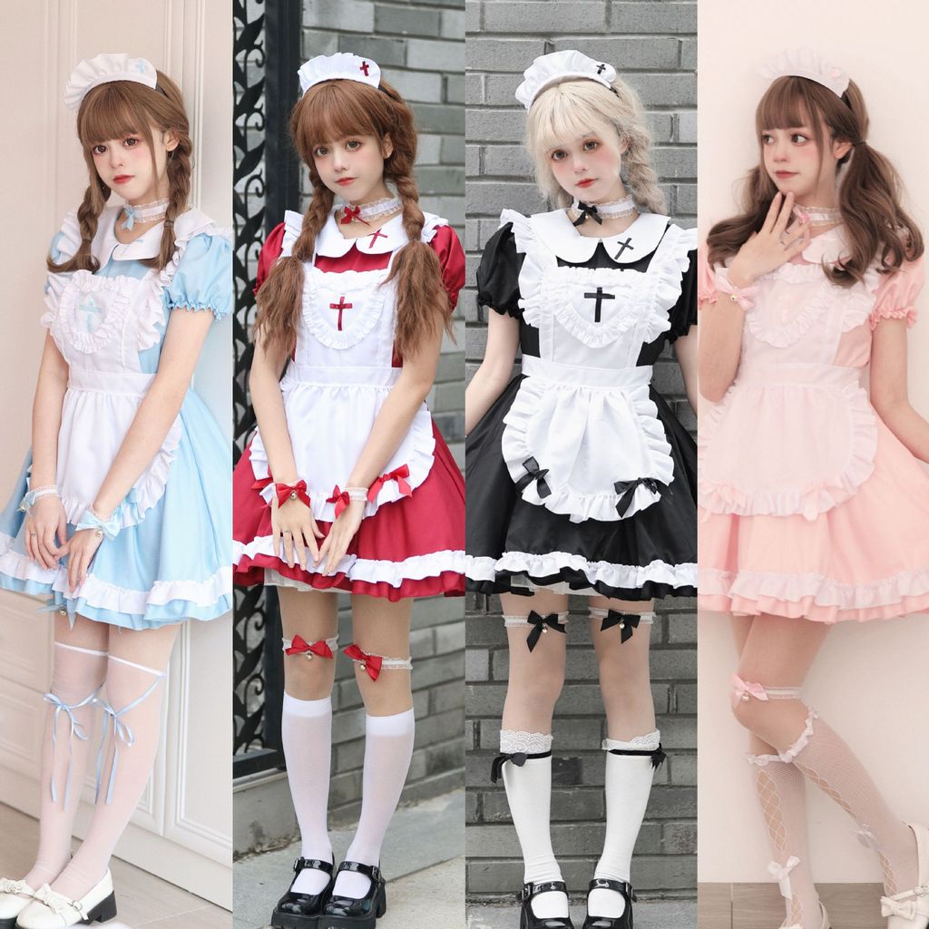ญี่ปุ่นสาว Lolita คริสต์มาส Cross ชุดแม่บ้านคอสเพลย์แม่บ้านกระโปรงผู้หญิงเสื้อผ้า Boss ss10 IS2O