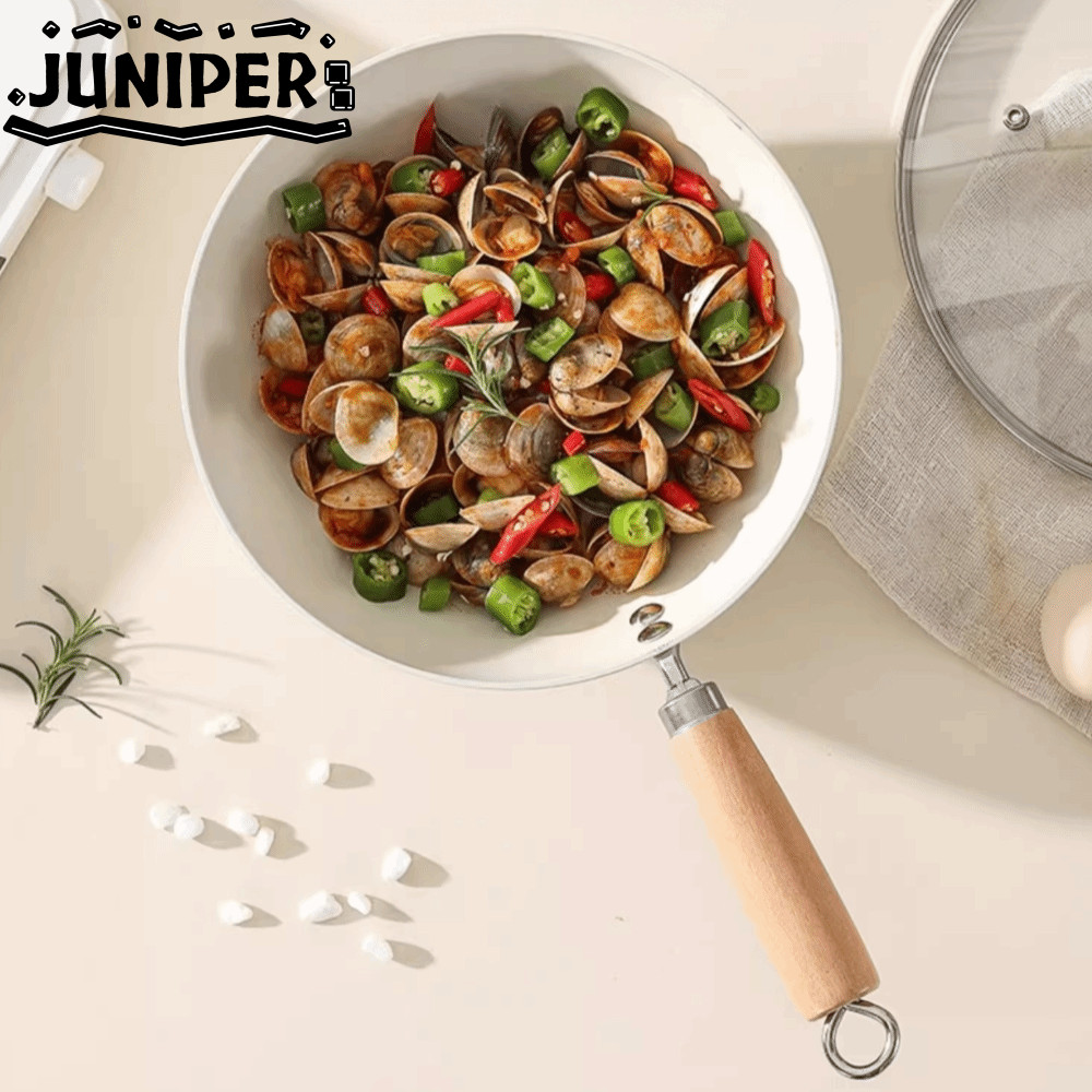 JUNIPER กระทะ กระทะพร้อมฝาปิด ด้ามไม้ ขวดซอส Saucepan ทนทานไม่เคลือบ 20/24 ซม. หม้อปรุงอาหารเซรามิกไ