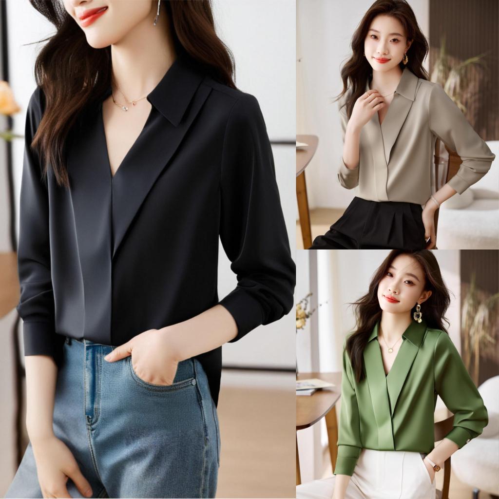 Chili Koko เสื้อเชิ้ตผ้าซาตินสำหรับผู้หญิง ทรงปกสูท แขนยาว คอวี เนื้อผ้าเรียบลื่น ทรงหลวม เหมาะสำหรับใส่ทำงาน 99303