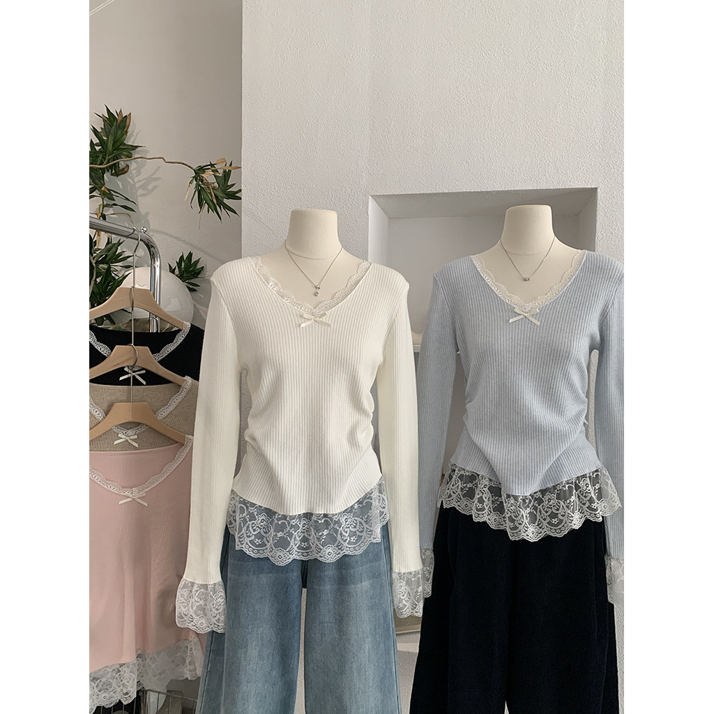 V คอลูกไม้จีบแคบ-เอว Slimmer ดูสีทึบแขนยาว Bottoming ถักเสื้อกันหนาวด้านบน 5925