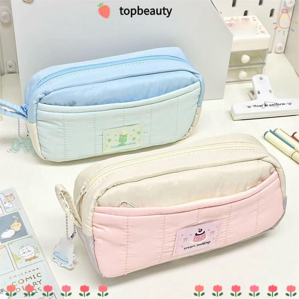TOPBEAUTY Pencil , กระเป๋าใส่ดินสอ 2 ชั้นซิป, ของขวัญกระเป๋าเครื่องเขียนบล็อกสีความจุขนาดใหญ่แบบพกพา