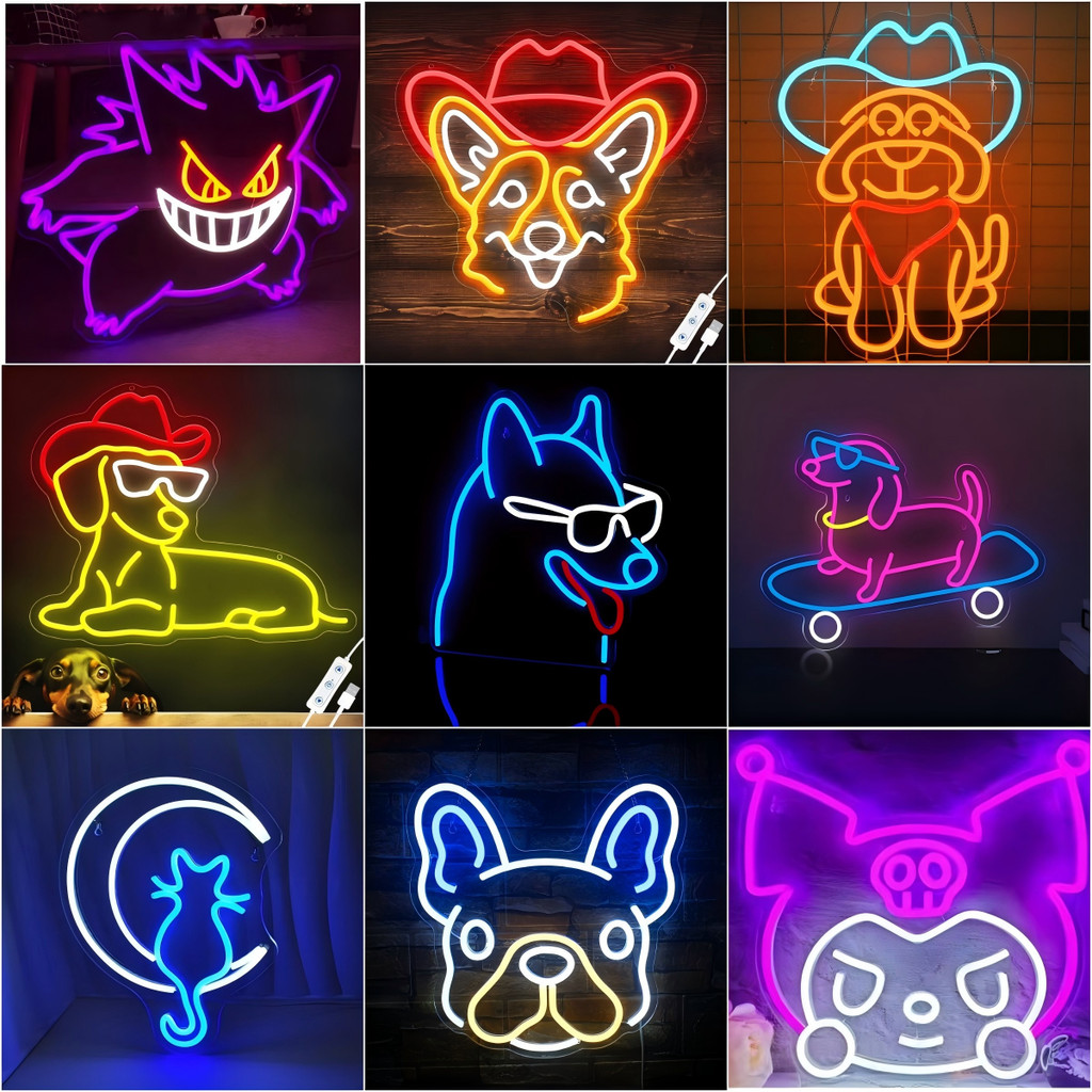 LED Neon Dog Kuromi Anime Sign Wall Decor Light สําหรับคนรักสัตว์เลี้ยงตกแต่งบ้านกรอบรูปและตกแต่งผนัง
