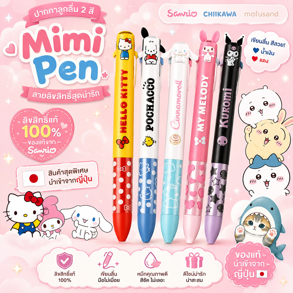 ปากกาลูกลื่น 2 สี Mimi Pen ลายลิขสิทธิ์ น่ารัก Sanrio Chikawa Mofusand สินค้าพิเศษ นำเข้าจากญี่ปุ่น