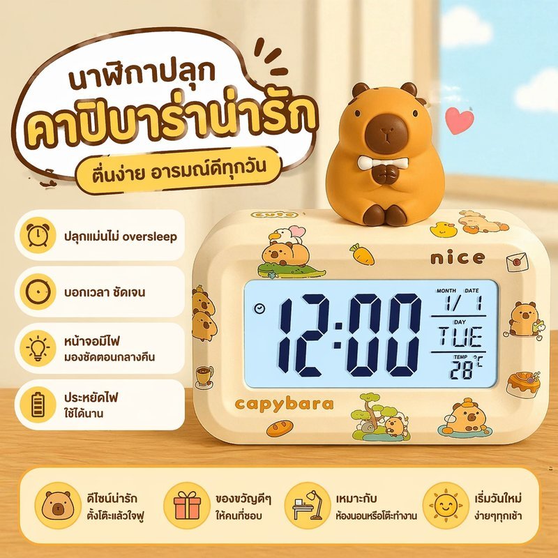 นาฬิกาปลุกดิจิตอล รูปคาปิบาร่าน่ารัก มีไฟหน้าจอ แสดงเวลา วัน อุณหภูมิ เหมาะนักเรียน โต๊ะทำงาน