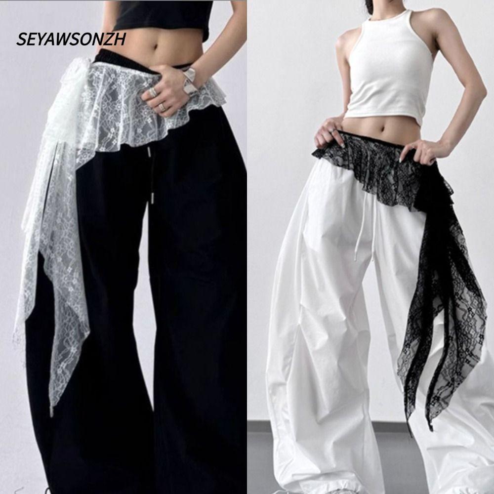 SEYAWSONZH ลูกไม้มินิกระโปรง,ปักดอกไม้ไม่สม่ําเสมอ Lace Up Ruffles กระโปรง, Y2K Streetwear เอวสูงดูผ่านผ้าม่านก้น