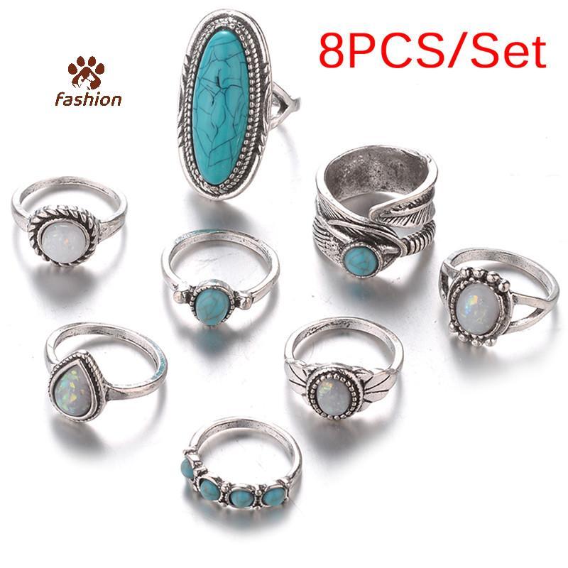[Fas-t] 8 ชิ้น/เซ็ต Bohemian Women Silver Turquoise Finger Rings แหวนโอปอลของขวัญแต่งงาน