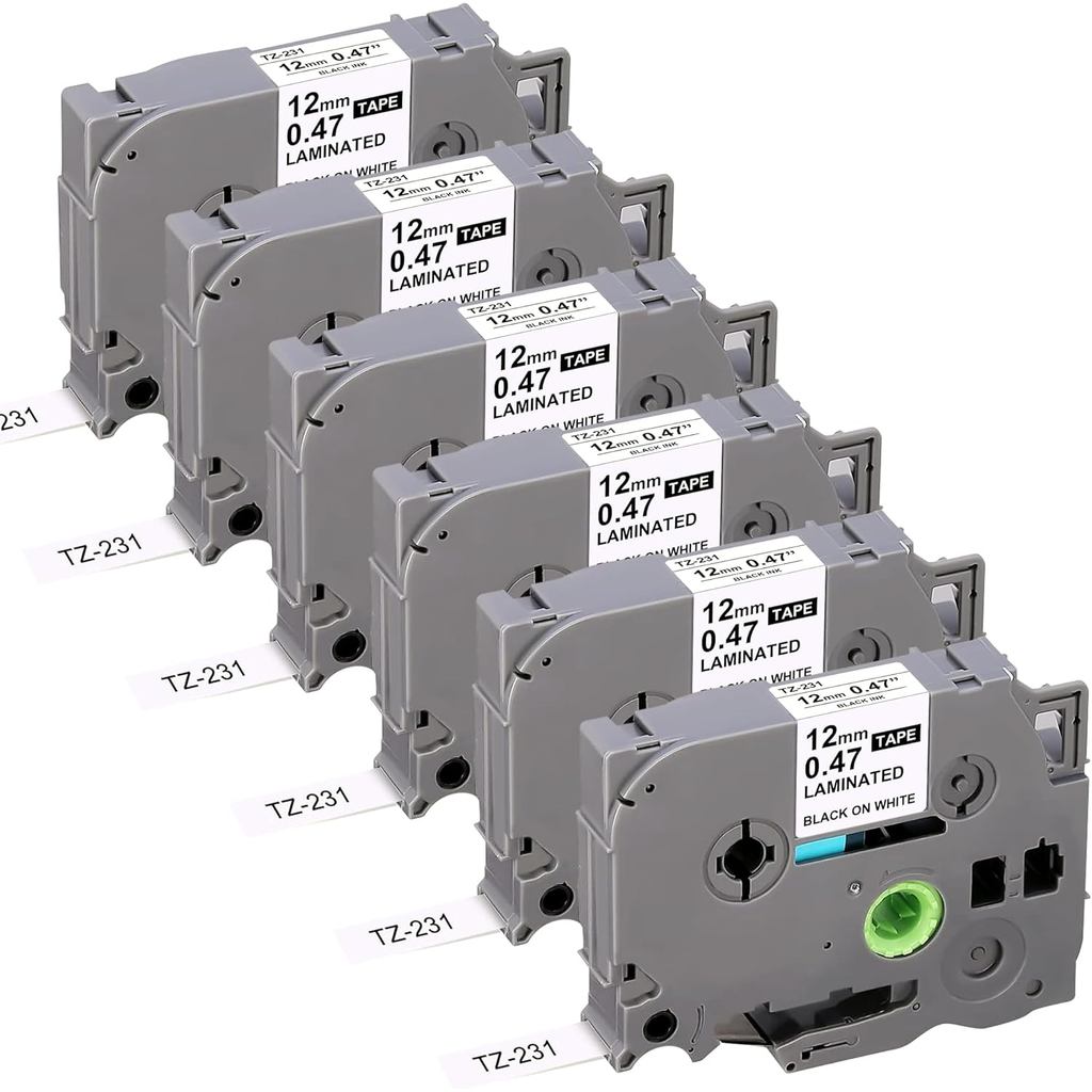6-Pack TZE-231 12 มม.0.47 ลามิเนตเทปสีขาวเปลี่ยนสําหรับ Brother Label Maker เทป TZe-231 ใช้งานร่วมกั