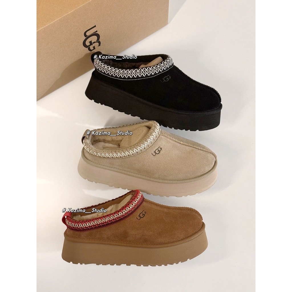 คาซิมา| UGG Tazz Thick-Soled Mules สไตล์ชาติพันธุ์สีดําสีน้ําตาล Camel Milk Tea Color Chestnut UG112