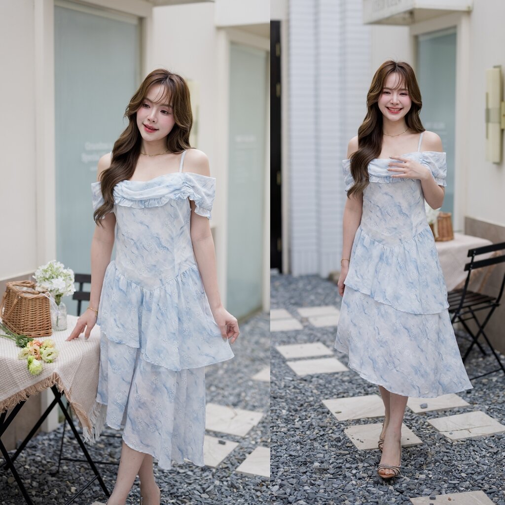 Fleur Asymmetric Midi Dress : ผ้าลายพิมพ์สีฟ้า [Made by Pastel Time]